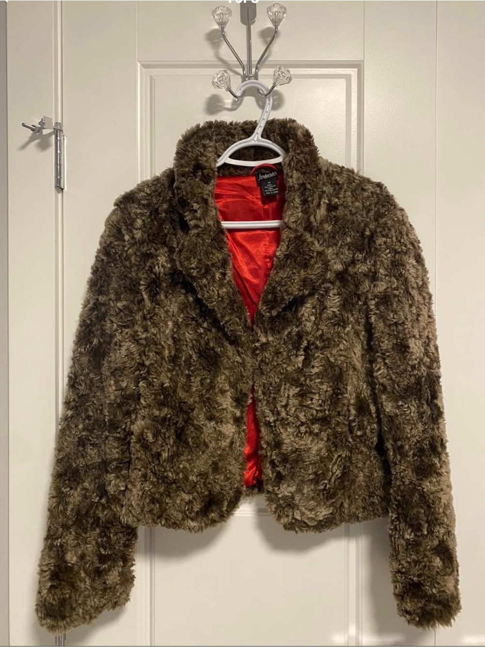 Frederick's of Hollywood Brown Faux Fur Teddy Jacket with Red Lining